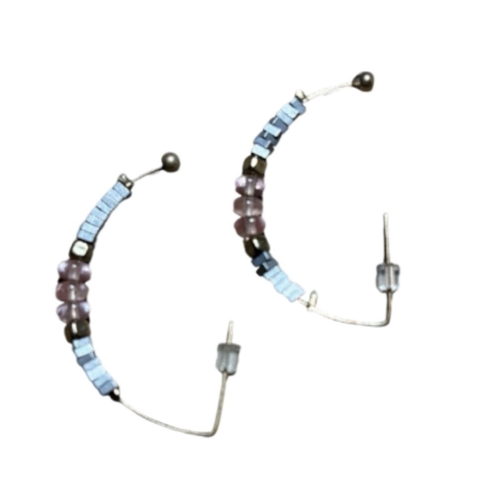 Cloie Beaded Hoop Earrings Pink Blue Boho Style - Picture 3 of 6